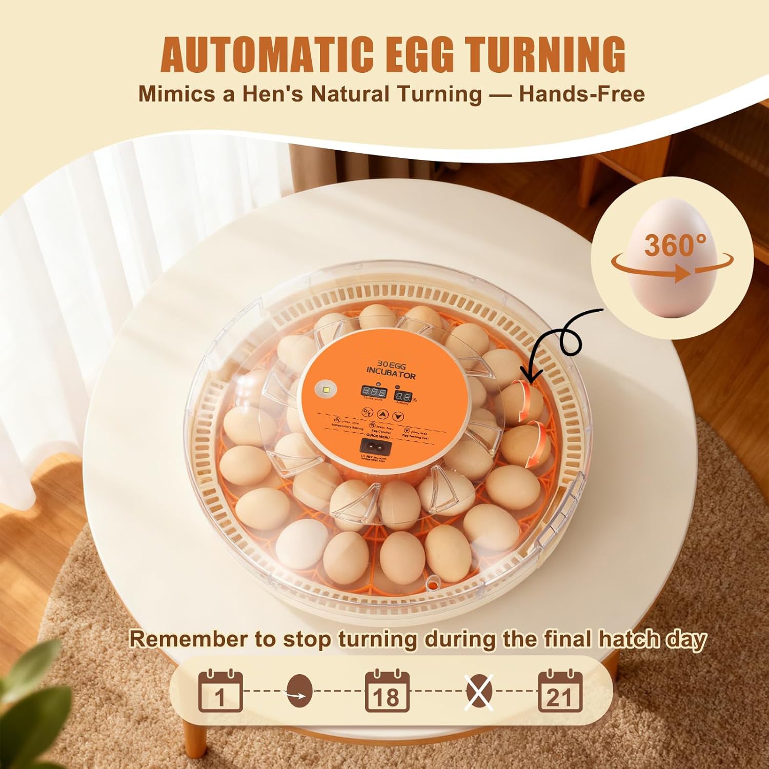 Incubator for hen eggs with Temperature and Humidity Control, Automatic Egg Turning, Egg Candler,  Adjustable Air Vent, 360° Clear View, for Chicken, Duck & Quail Eggs