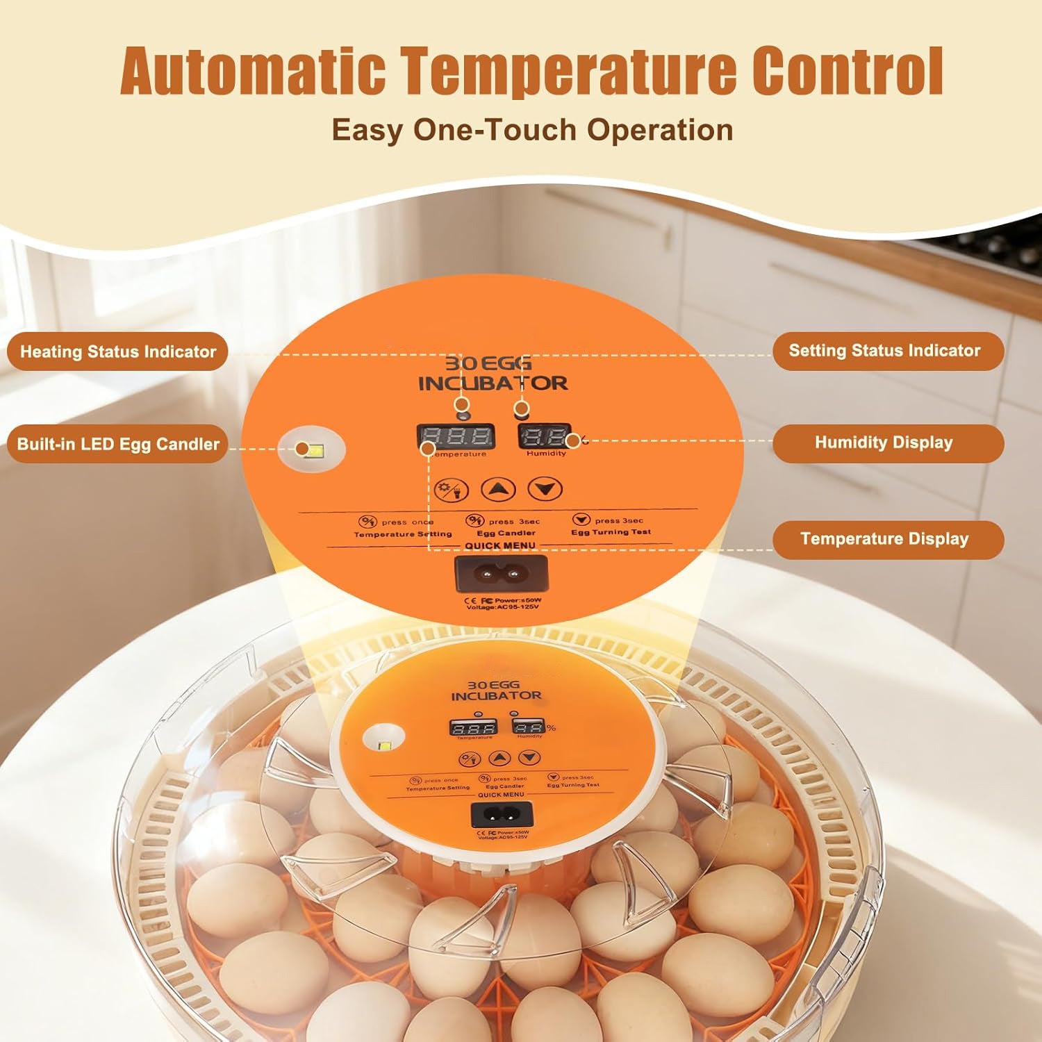 Incubator for hen eggs with Temperature and Humidity Control, Automatic Egg Turning, Egg Candler,  Adjustable Air Vent, 360° Clear View, for Chicken, Duck & Quail Eggs