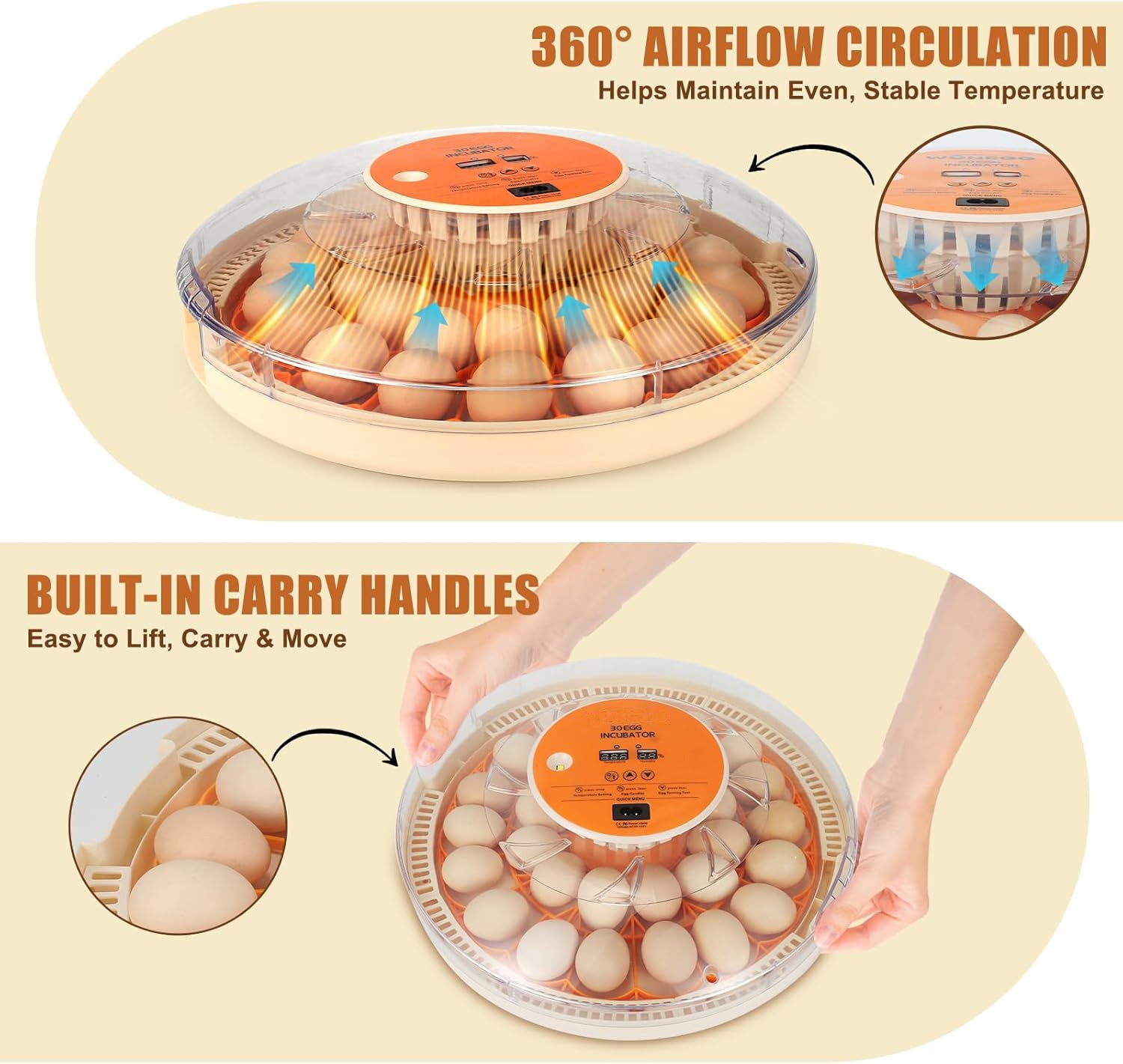 Incubator for hen eggs with Temperature and Humidity Control, Automatic Egg Turning, Egg Candler,  Adjustable Air Vent, 360° Clear View, for Chicken, Duck & Quail Eggs