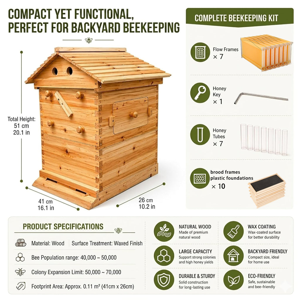 flow Hive Coated with Beeswax  Includes 1 Deep & 1 Medium Boxes with 10 Wooden Frames & Heavy Wax Coated Foundations. Easy Assembly with Predrilled Holes& Screws (Unassembled)